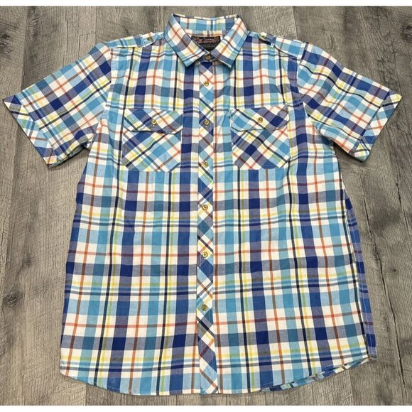 Blac Lacquer Shirt Mens XL Blue Plaid Gold Button Up Cuff Sleeve Pockets Preppy - Picture 1 of 11